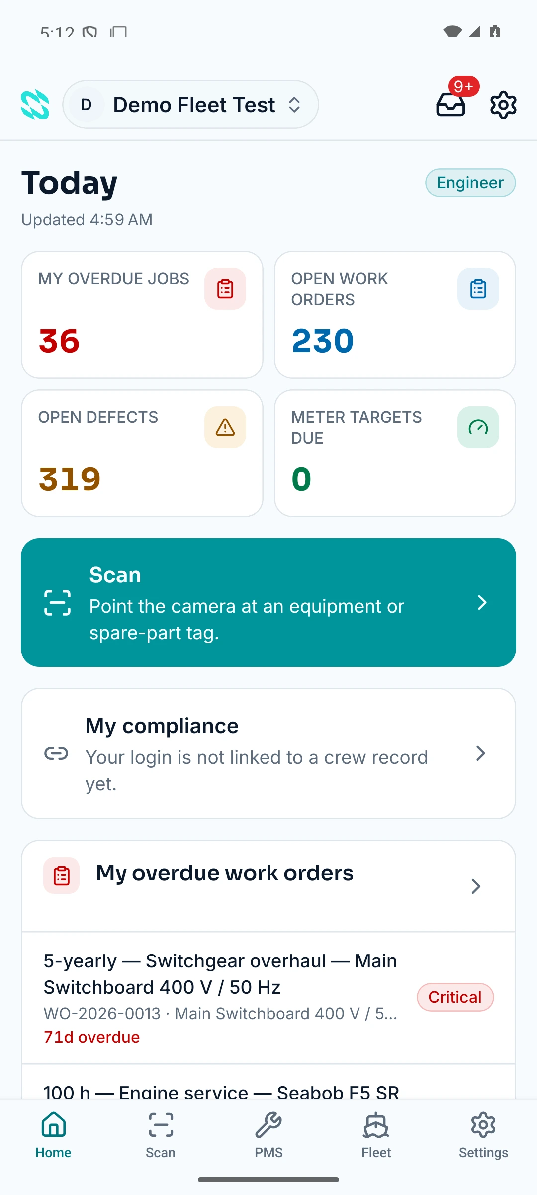 Actual Navis mobile app home screen