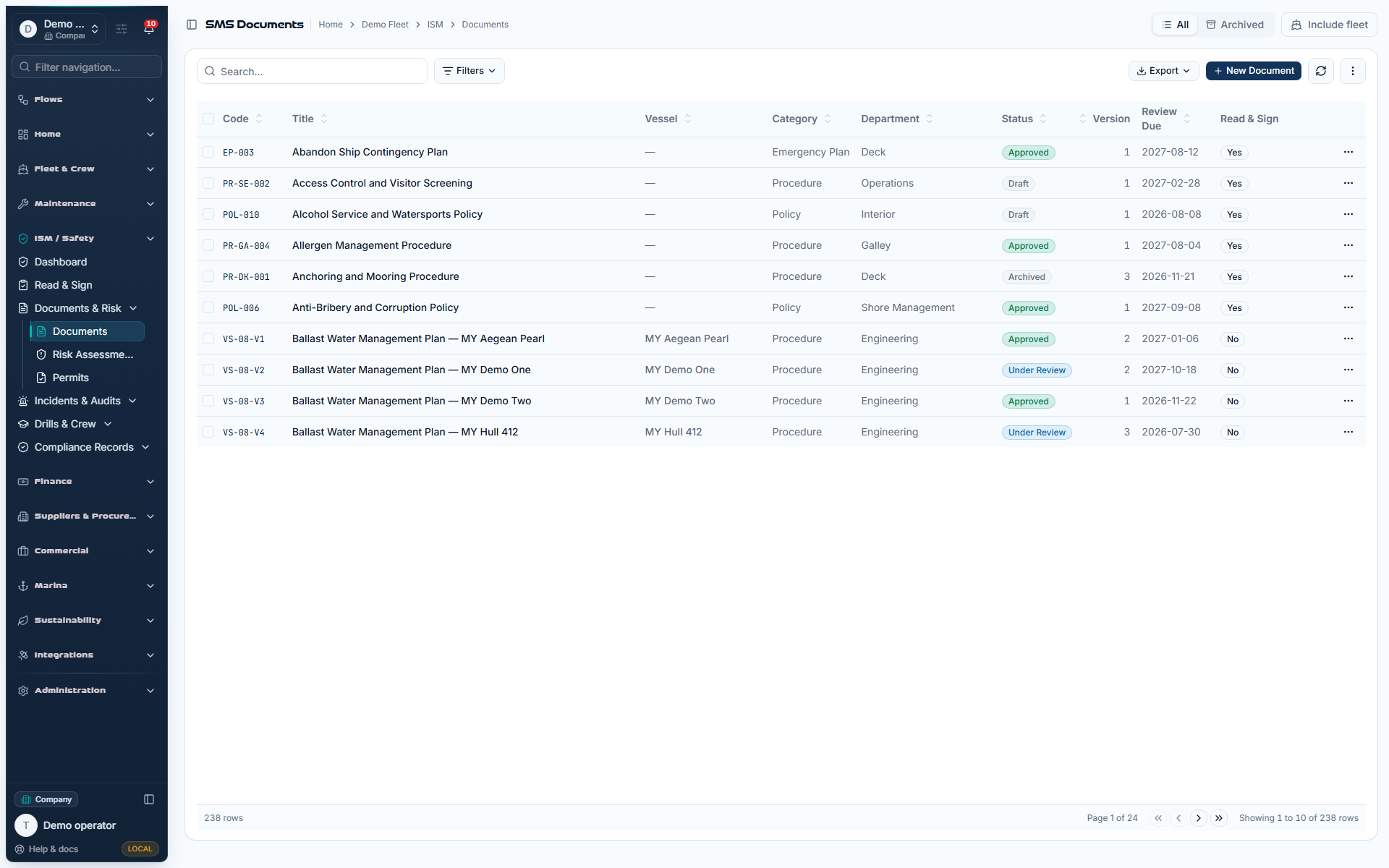 Document extraction and review shown in the Demo Fleet document workspace