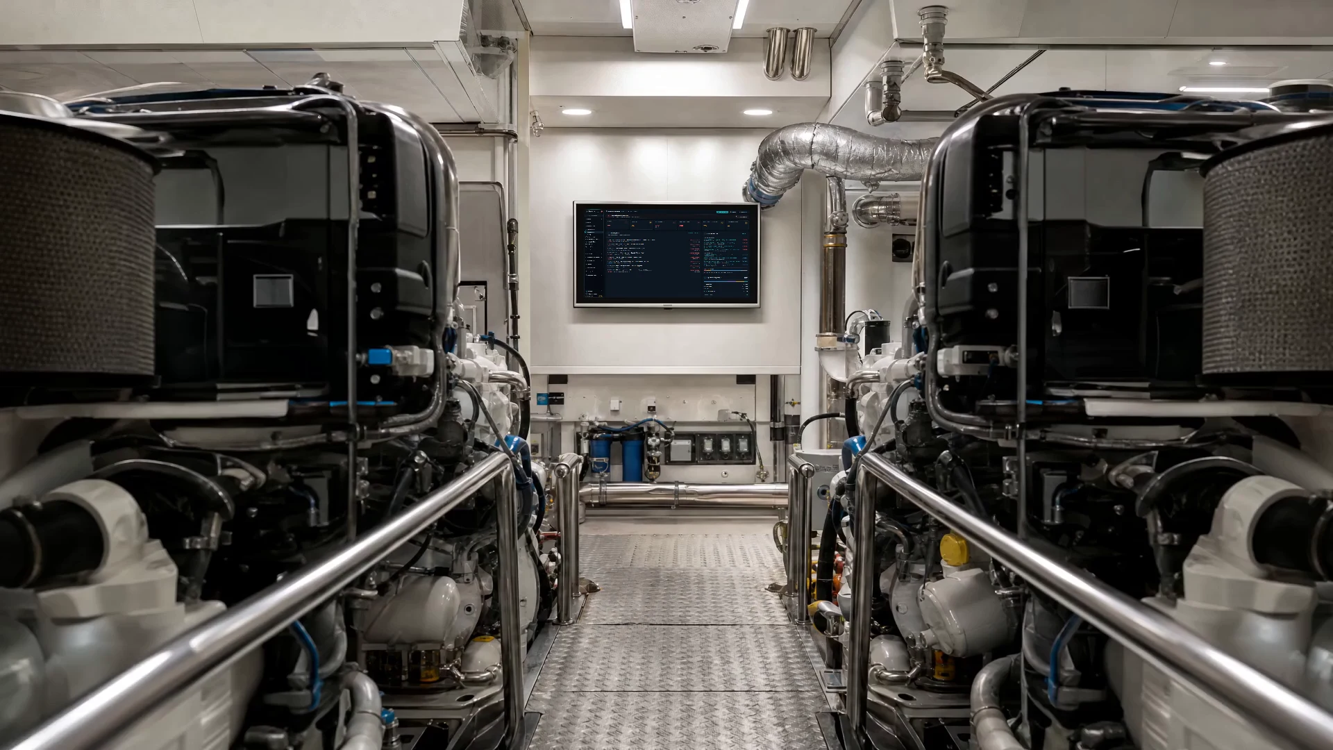 A yacht engine room with the real Navis maintenance workspace on its terminal